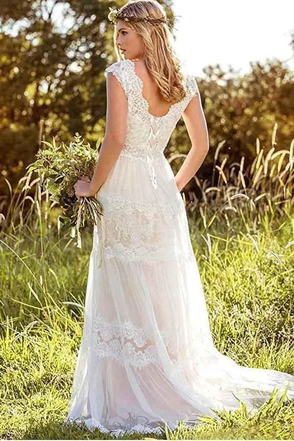 Simple A-Line V-Neck Bohemian Lace Bridal Gown Wedding Dress TN208