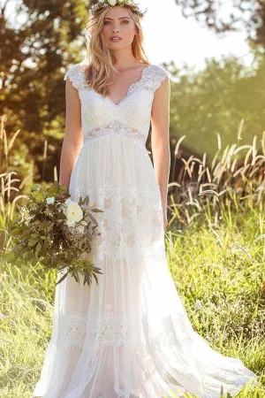 Simple A-Line V-Neck Bohemian Lace Bridal Gown Wedding Dress TN208