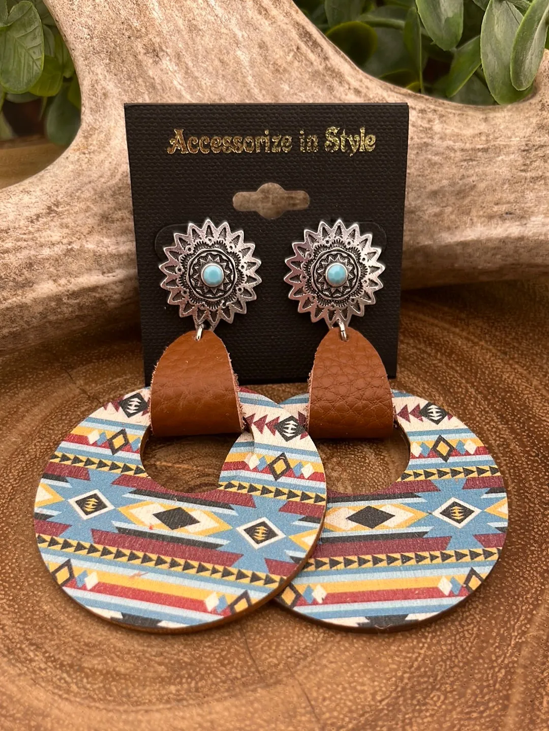 Skagit Fashion Concho Leather & Wood Hoop Earrings
