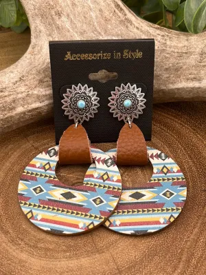 Skagit Fashion Concho Leather & Wood Hoop Earrings