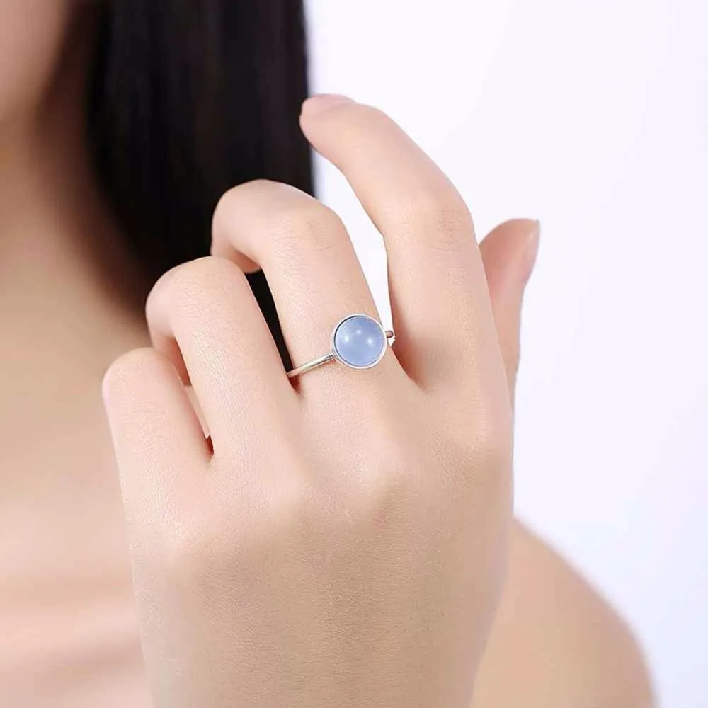 Solid 925 Sterling Silver Female Ring Round Blue Stone Jewelry Fashion Rings For Women Gift New Gift For GF