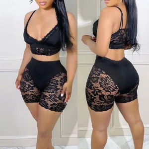 Solid Hollow Out Lace 2PCS Shorts Set