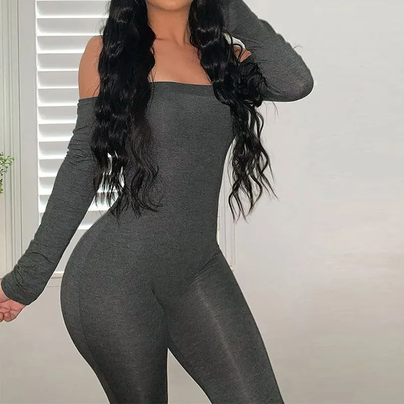 Solid Off Shoulder Long Sleeve Jumpsuit