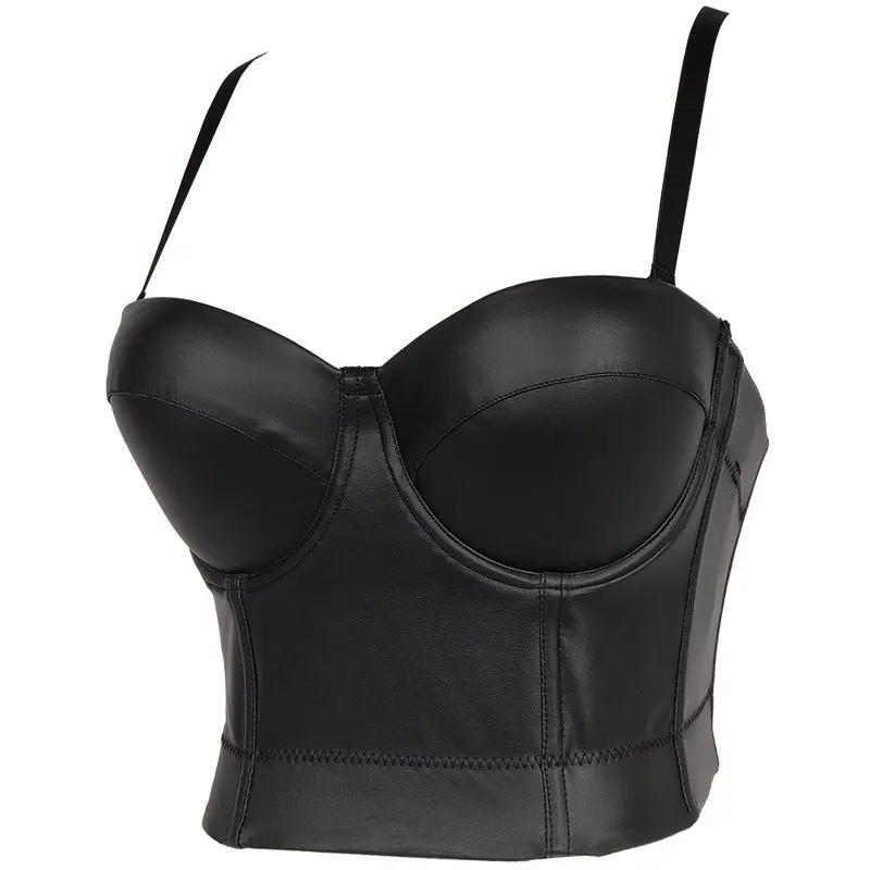 Solid PU Leather Spaghetti Strap Tube Top