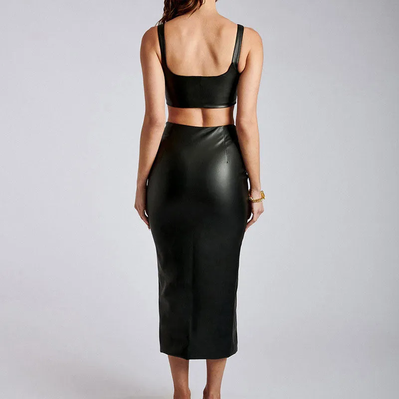 Solid PU Leather Tube Top & Slit Skirt Set