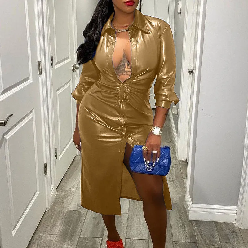 Solid Turndown Neck Long Sleeve Button Detailed PU Leather Long Trench Coat