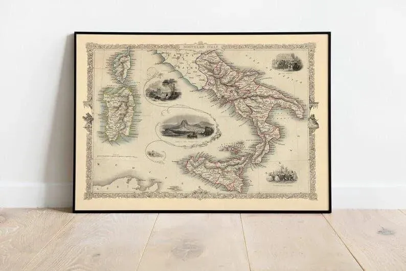 Southern Italy Map Print 1851| Vintage Map Italy