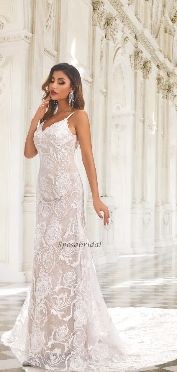 Spaghetti Straps Sweetheart Lace Half Open Back Mermaid Long Wedding Dress, WD3093