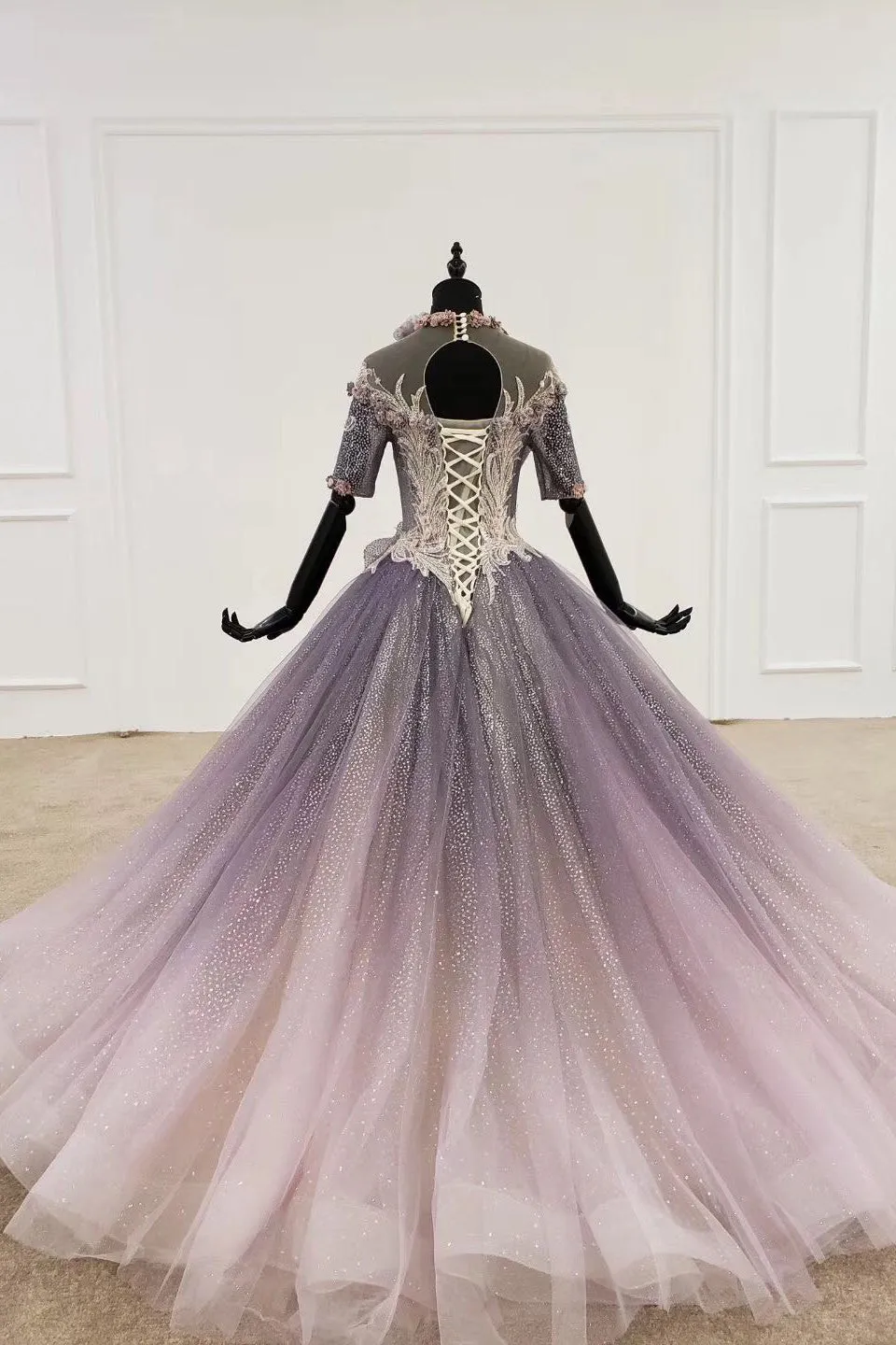 Sparkly Ball Gown Half Sleeves Ombre Quinceanera Dress with Flowers OKS90