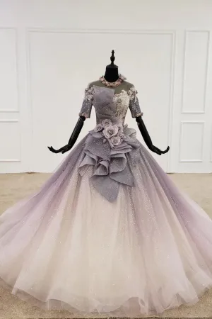 Sparkly Ball Gown Half Sleeves Ombre Quinceanera Dress with Flowers OKS90