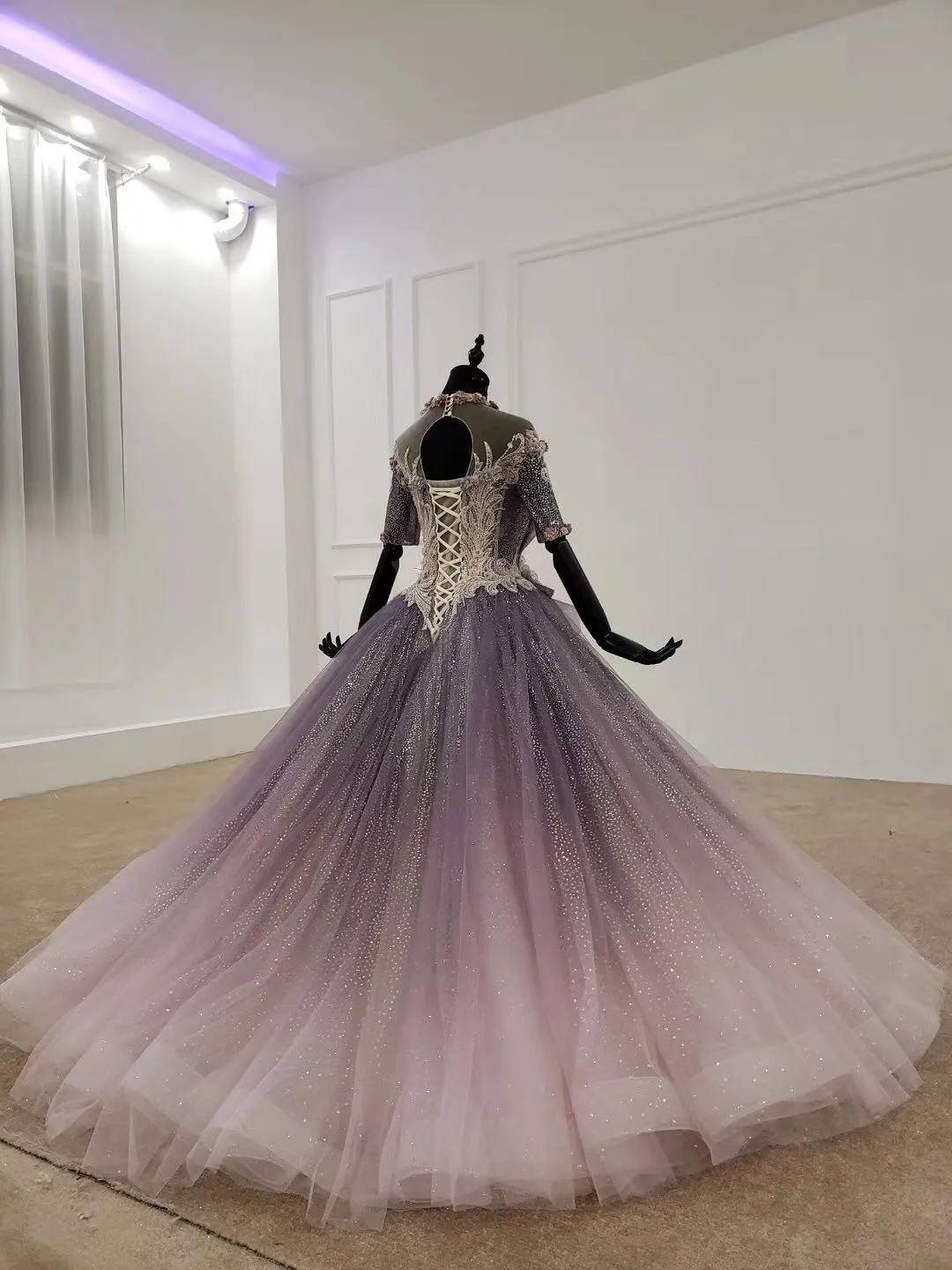 Sparkly Ball Gown Half Sleeves Ombre Quinceanera Dress with Flowers OKS90