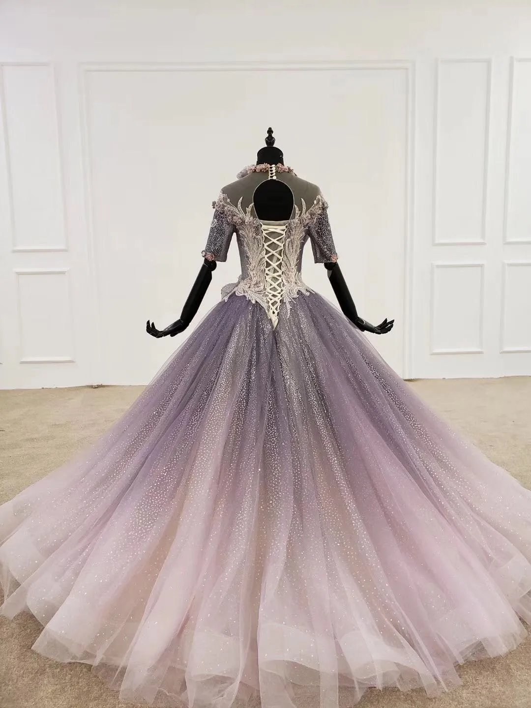 Sparkly Ball Gown Half Sleeves Ombre Quinceanera Dress with Flowers OKS90