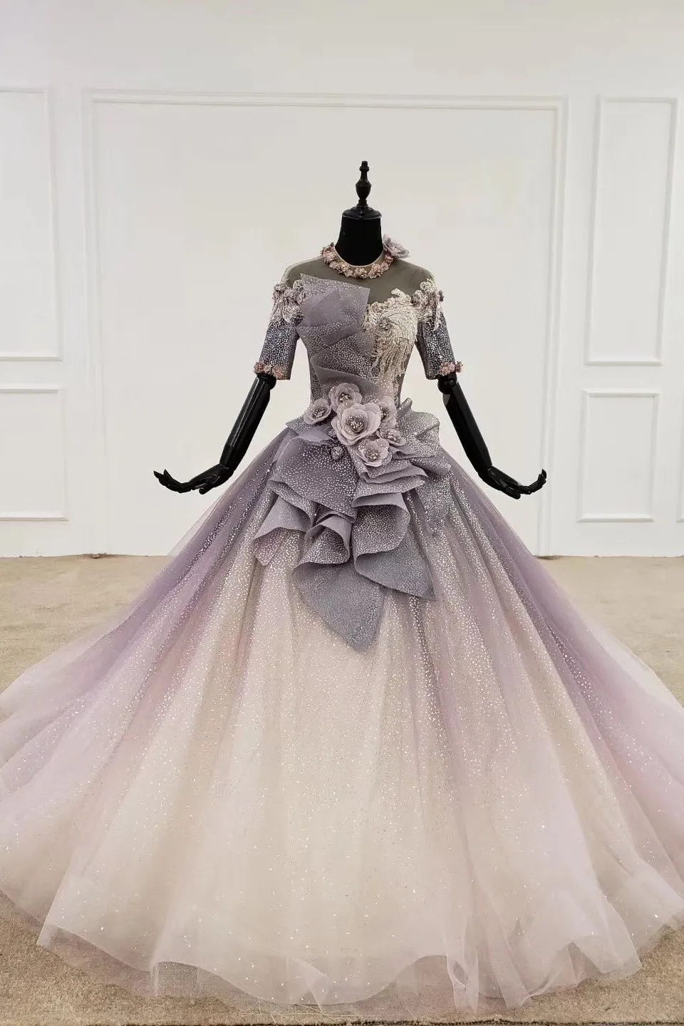Sparkly Ball Gown Half Sleeves Ombre Quinceanera Dress with Flowers OKS90