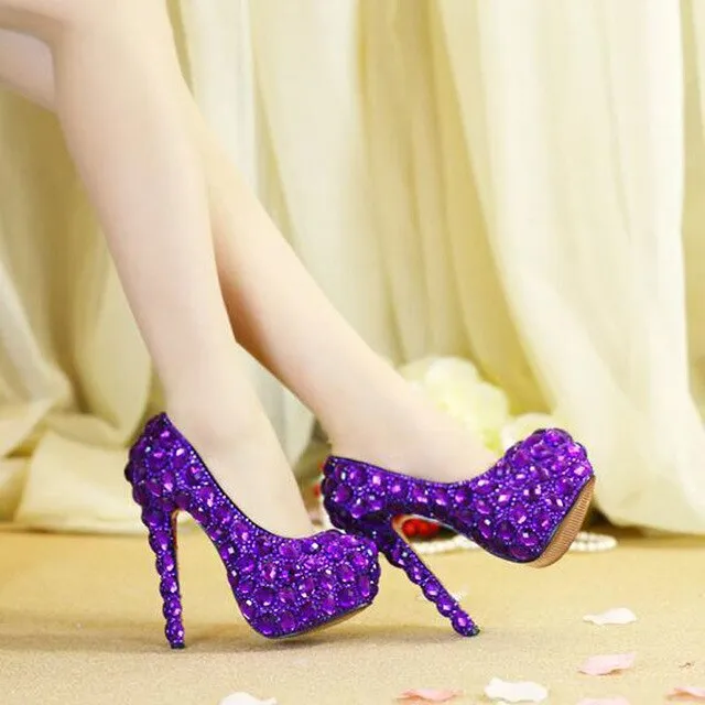 Spring Autumn Women Pumps Sexy Purple 14CM/11CM/8CM High Heels Luxury Rhinestone Wedding Party Shoes