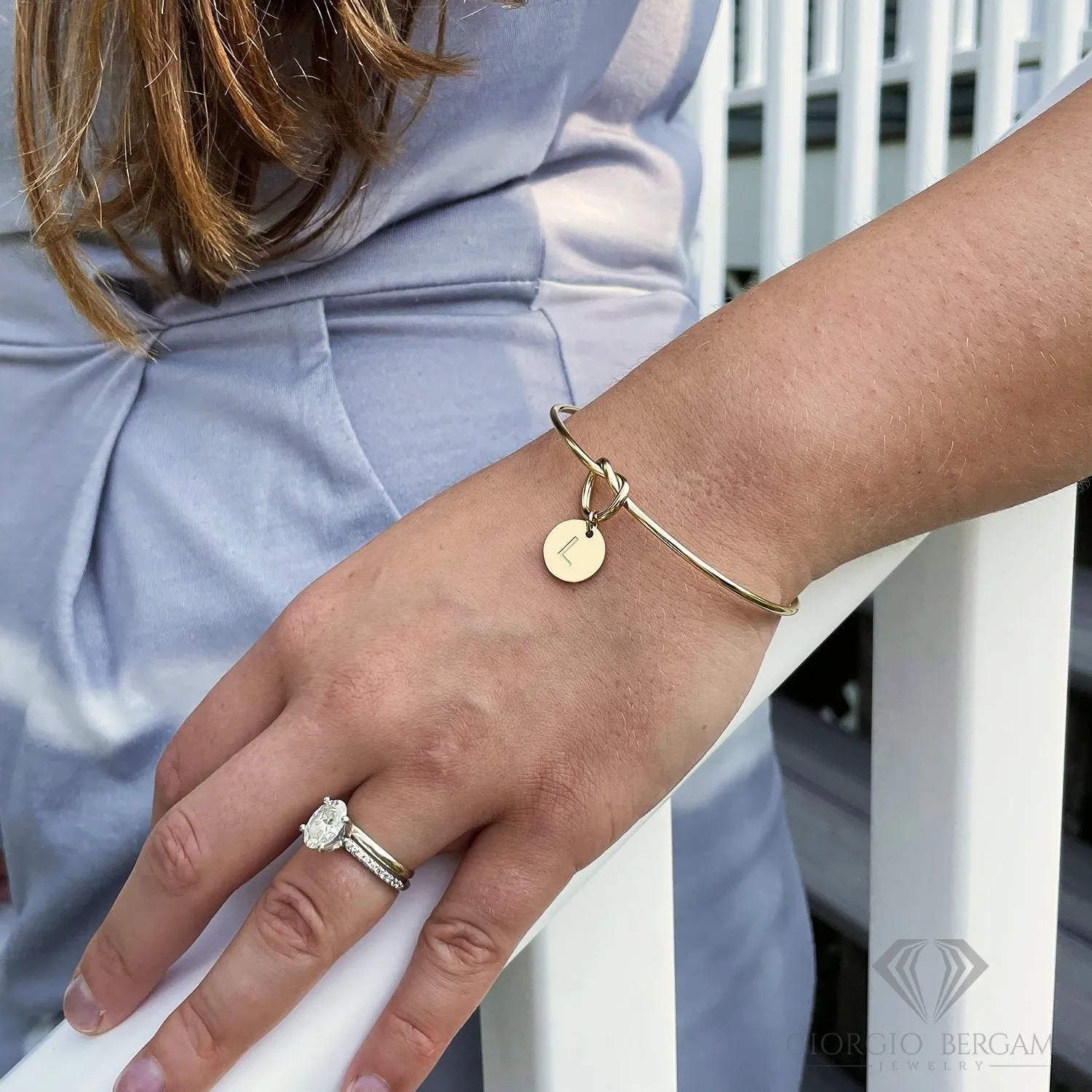 Stainless Steel Gold Plated Initial Disc Love Knot Cuff Bangle Bracelet