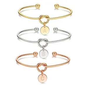 Stainless Steel Gold Plated Initial Disc Love Knot Cuff Bangle Bracelet