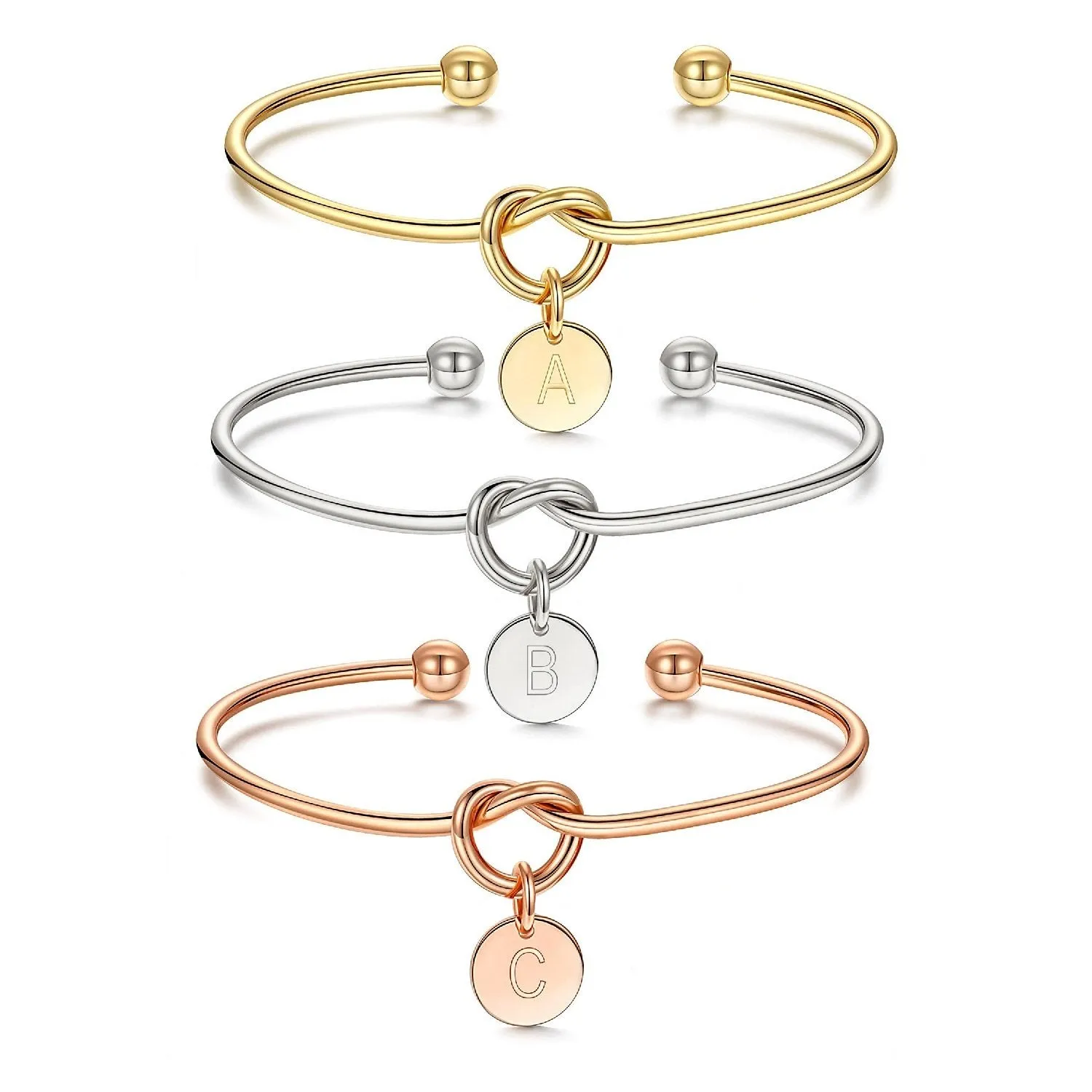 Stainless Steel Gold Plated Initial Disc Love Knot Cuff Bangle Bracelet
