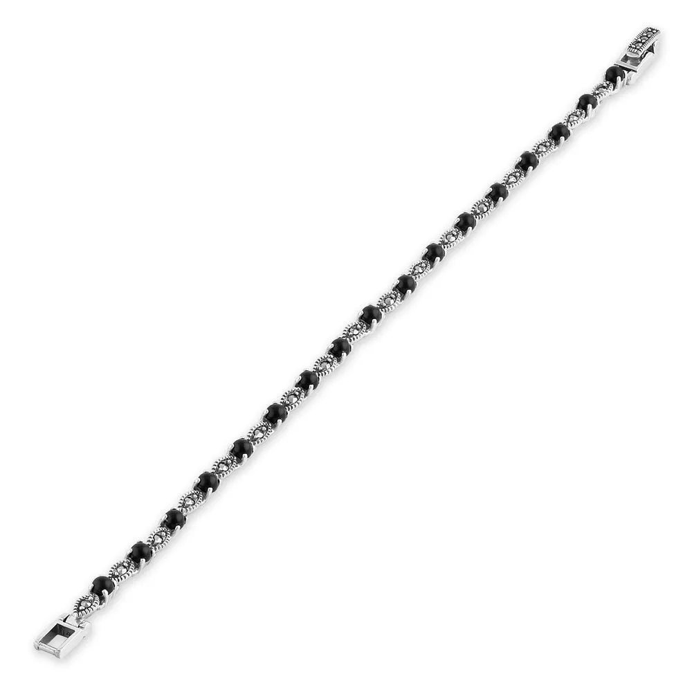 Sterling Silver Eternal Round Black Onyx Marquise Marcasite Bracelet