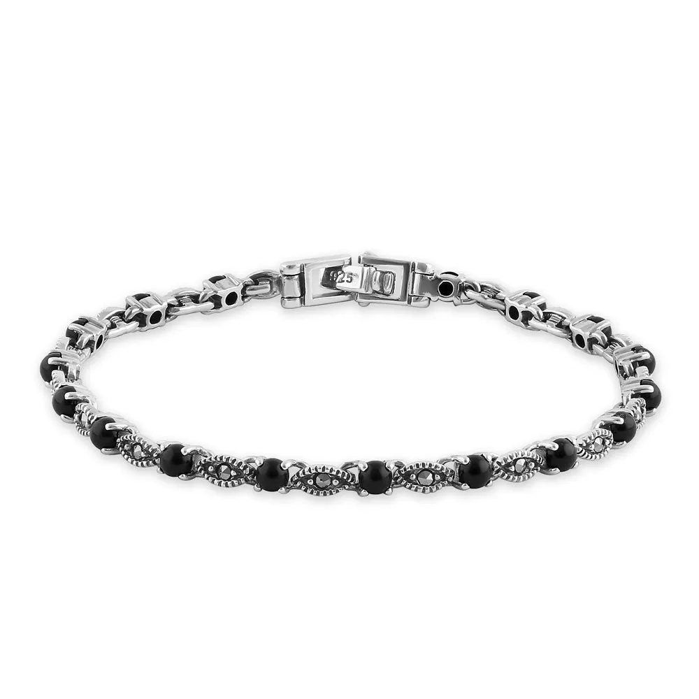 Sterling Silver Eternal Round Black Onyx Marquise Marcasite Bracelet