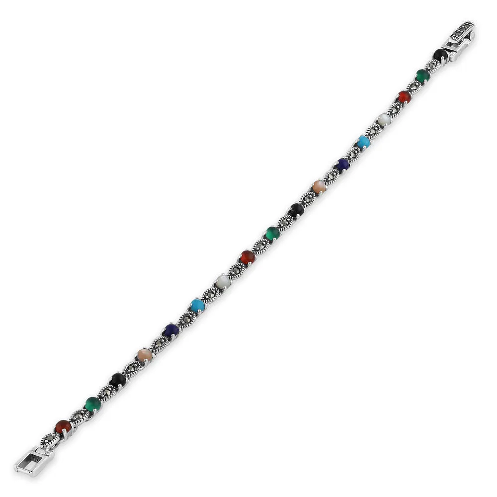 Sterling Silver Eternal Round Rainbow Marquise Marcasite Bracelet