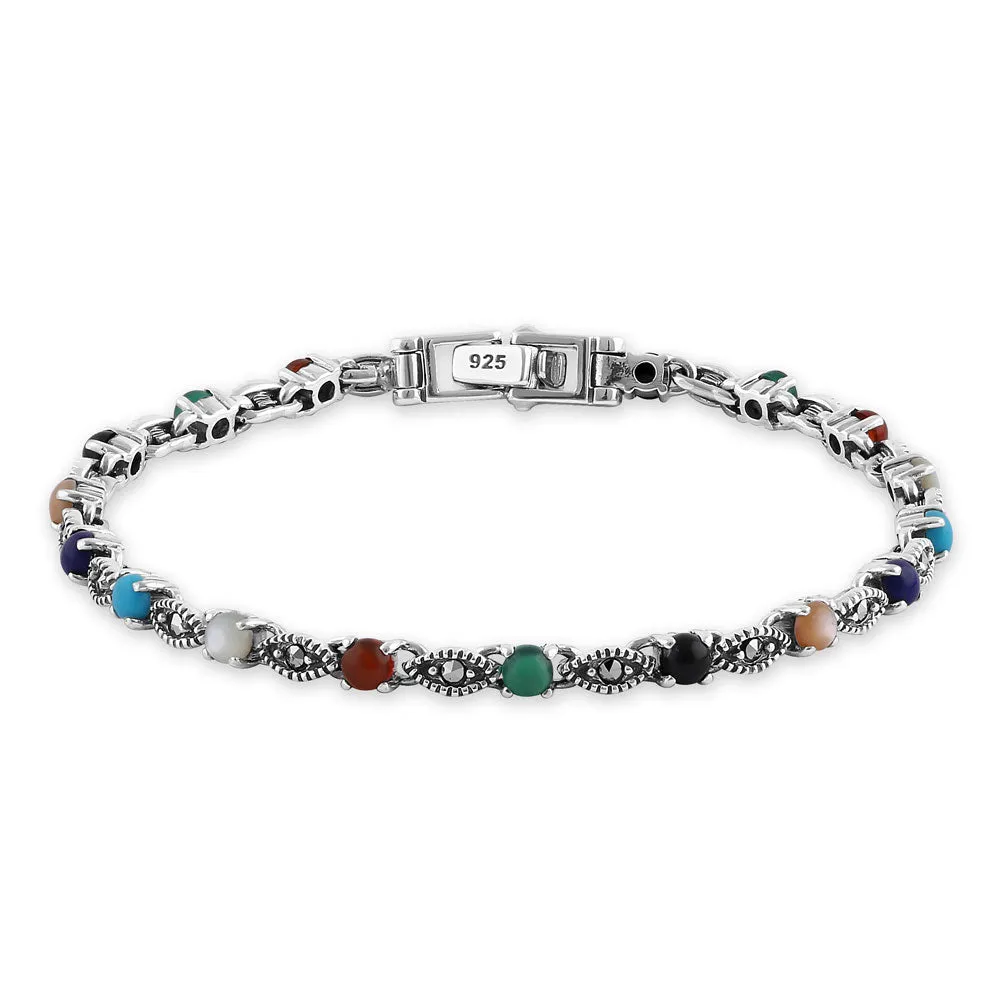 Sterling Silver Eternal Round Rainbow Marquise Marcasite Bracelet