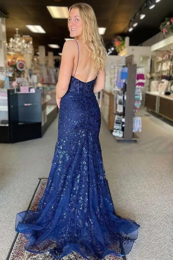 Straps V-Neck Appliques Mermaid Navy Blue Long Prom Dress TP1347