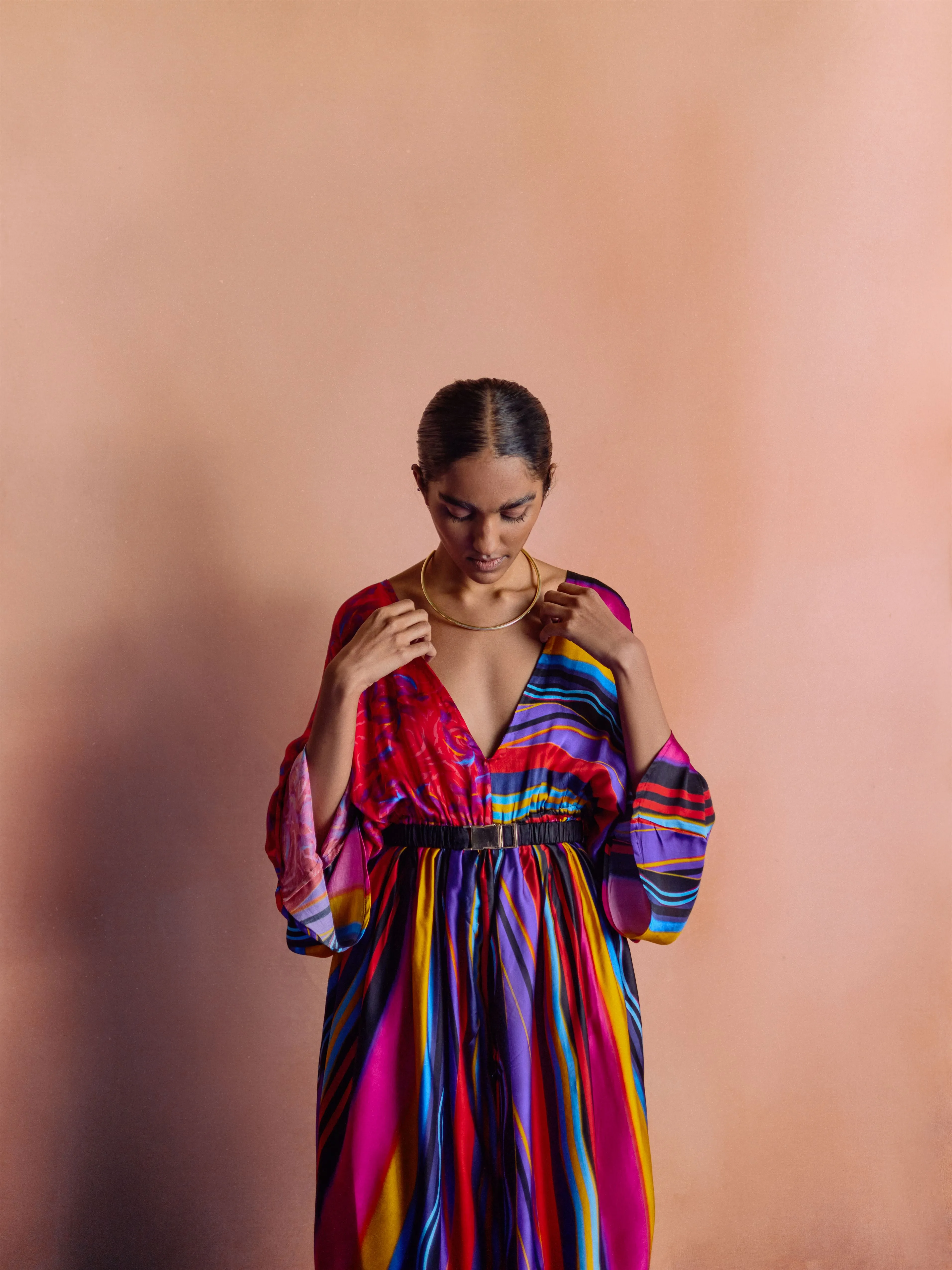 Studio Rigu   I   Womenswear, Western Dhari Kaftan Multi Colored Stripe Srdd042