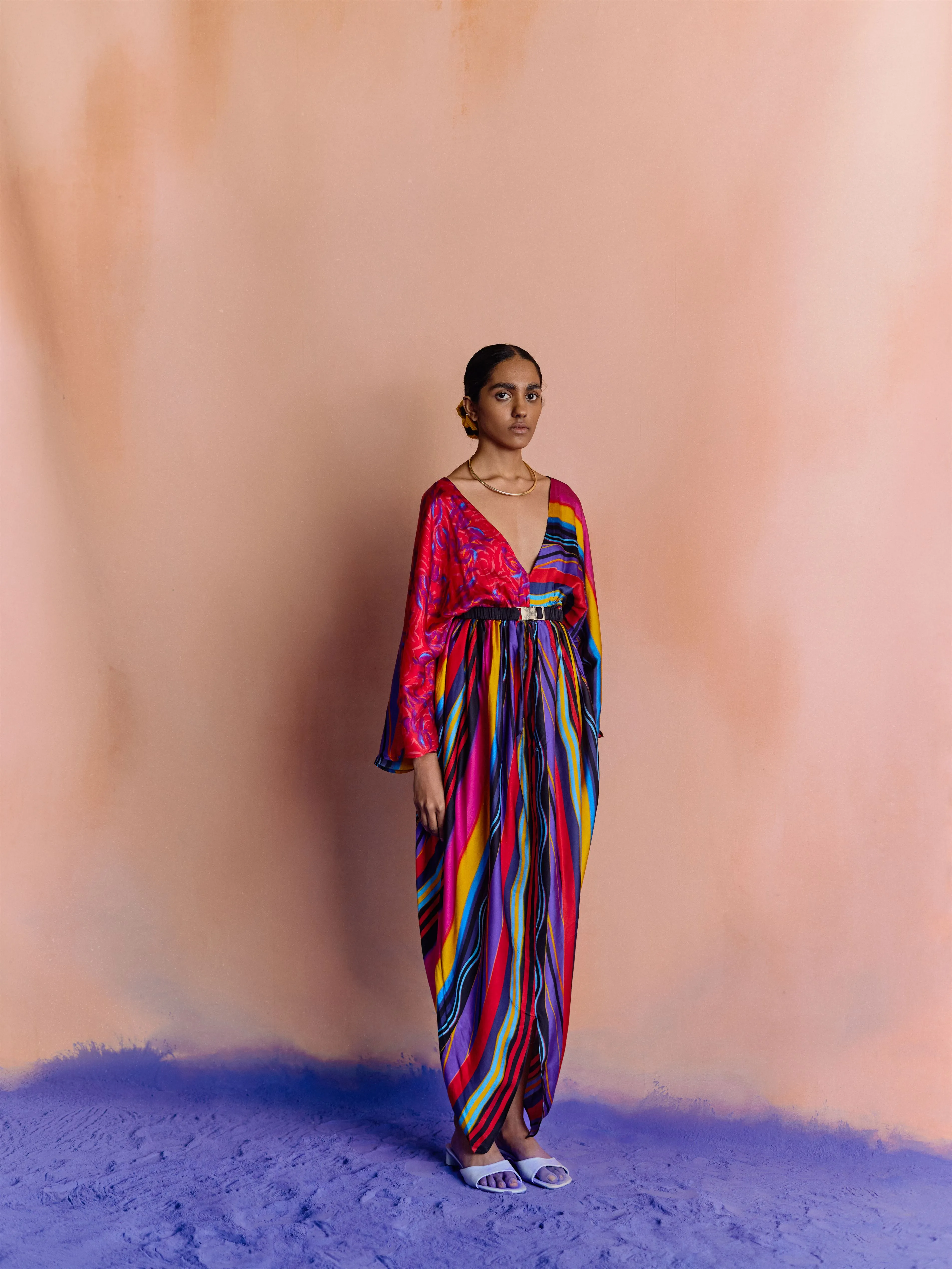 Studio Rigu   I   Womenswear, Western Dhari Kaftan Multi Colored Stripe Srdd042