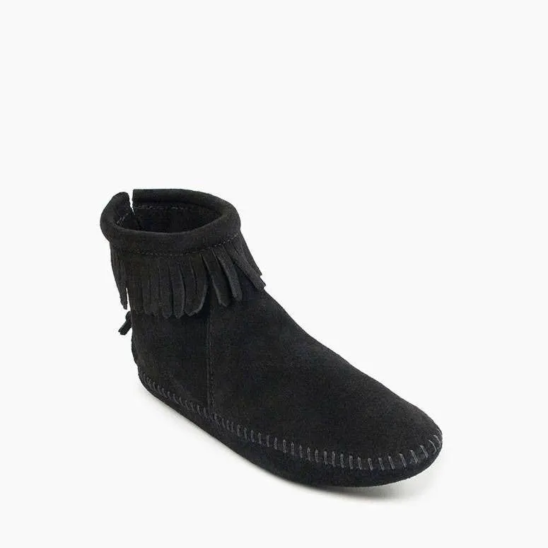 Suede Back Zip Softsole Ankle Minnetonka Boot w/ Fringe: Black
