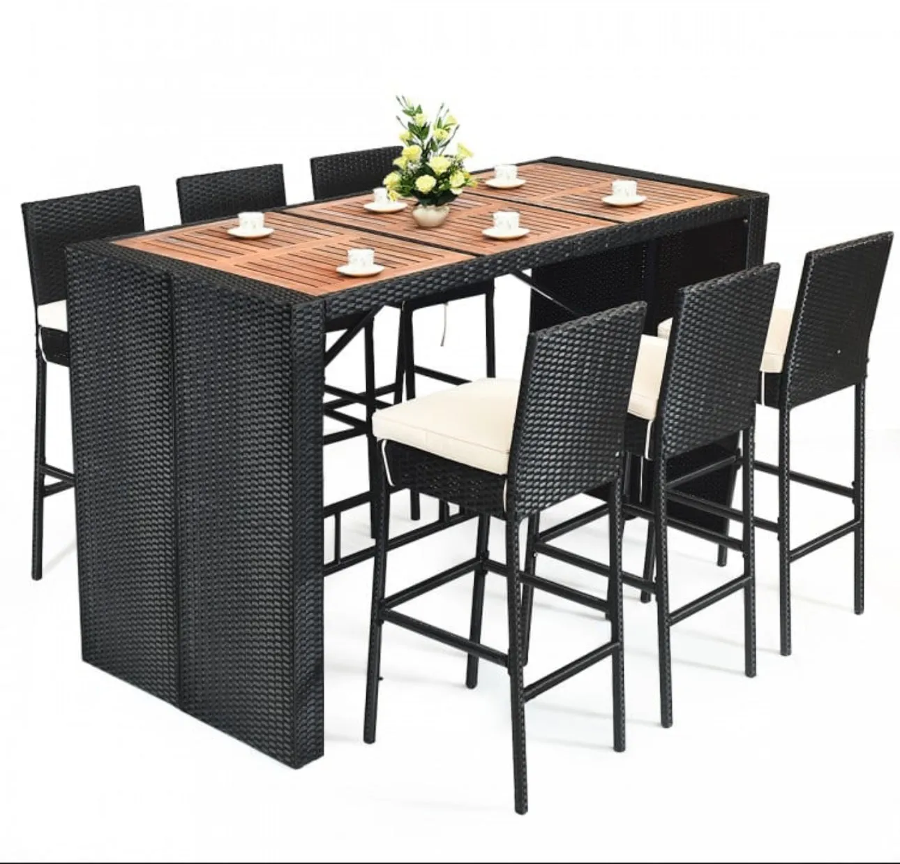 Super Elegant Heavy Duty Acacia Wood Table Top 7-Piece Patio Rattan Wicker Dining Furniture Set