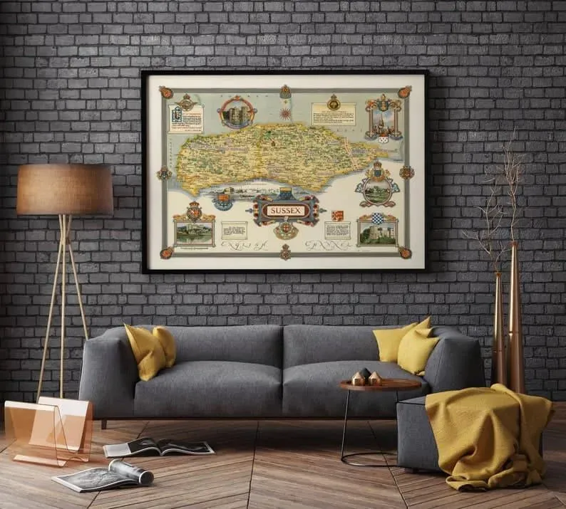 Sussex Vintage Map Poster| England Old Map Wall Prints