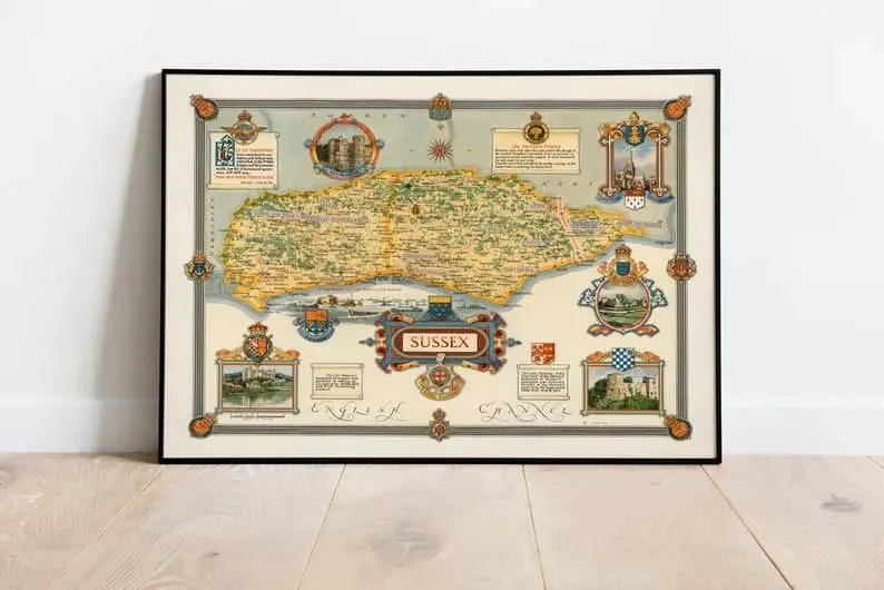 Sussex Vintage Map Poster| England Old Map Wall Prints
