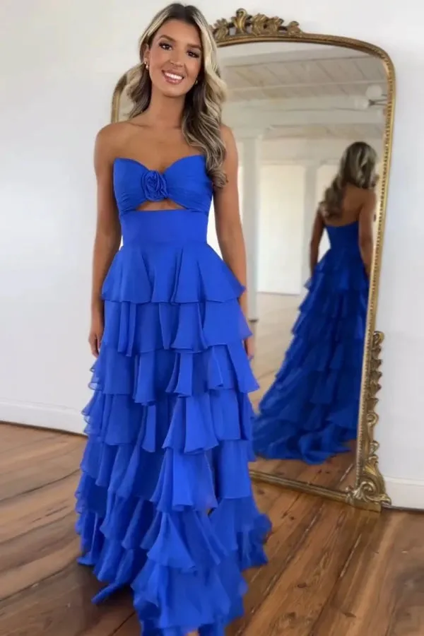 Sweetheart Strapless Chiffon Flower Long Prom Dress with Slit TP1371