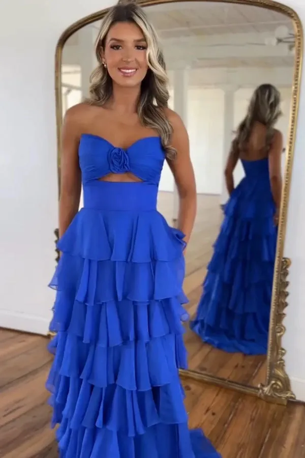 Sweetheart Strapless Chiffon Flower Long Prom Dress with Slit TP1371