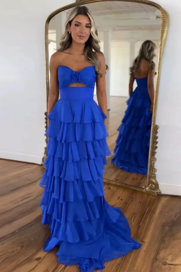 Sweetheart Strapless Chiffon Flower Long Prom Dress with Slit TP1371