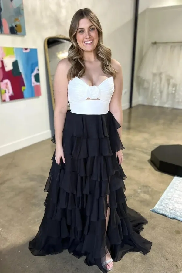 Sweetheart Strapless Chiffon Flower Long Prom Dress with Slit TP1371