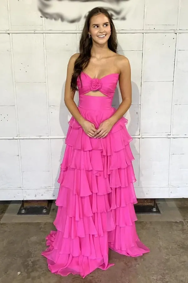 Sweetheart Strapless Chiffon Flower Long Prom Dress with Slit TP1371