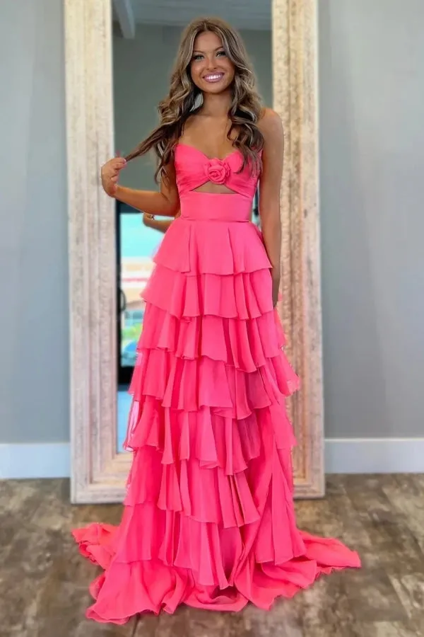 Sweetheart Strapless Chiffon Flower Long Prom Dress with Slit TP1371