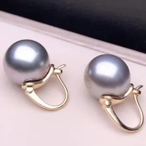 Tahitian Silver Gray Pearl Drop Earrings Mounted on 18-Karat Yellow Gold, 13.0-14.0 mm