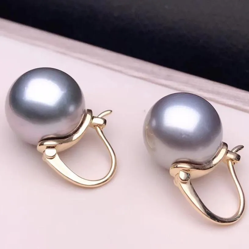 Tahitian Silver Gray Pearl Drop Earrings Mounted on 18-Karat Yellow Gold, 13.0-14.0 mm