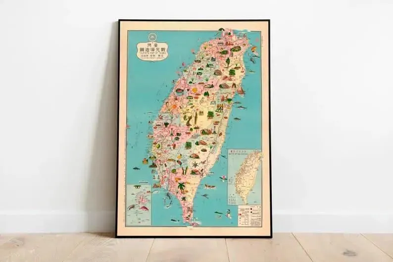 Taiwan Vintage Map Wall Print| Taiwan Map Canvas Wall Art