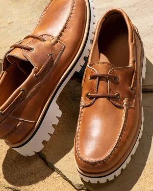 Tan Leather Hyperion Lace Up Chunky Boat Shoes with White Soles - Boat Shoes