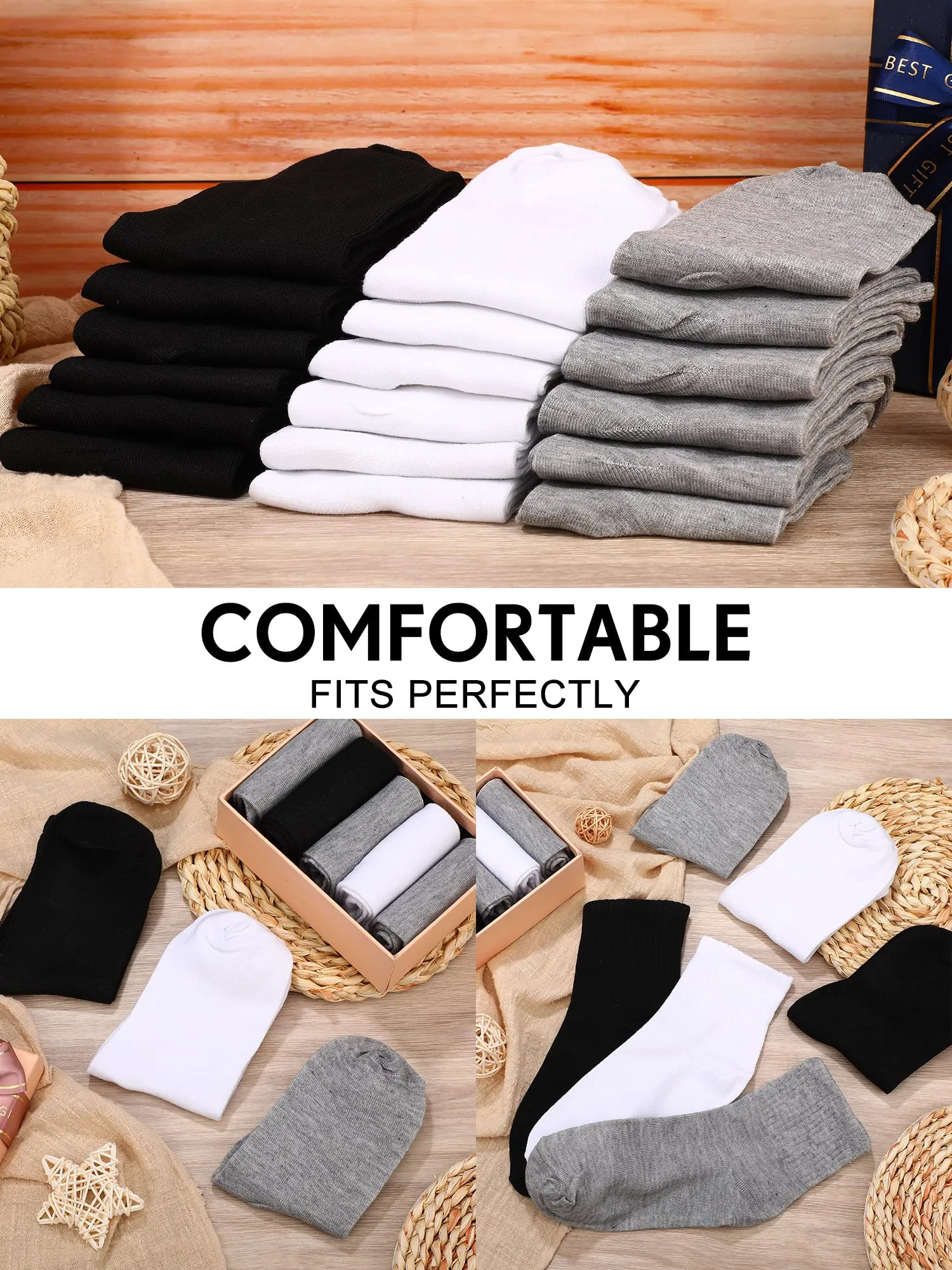 Tarpop 150 Pairs Mens Socks in Bulk Pack Unisex Socks Adult for Homeless Sports Ankle Moisture Wicking for Men Women(Black, White, Gray)