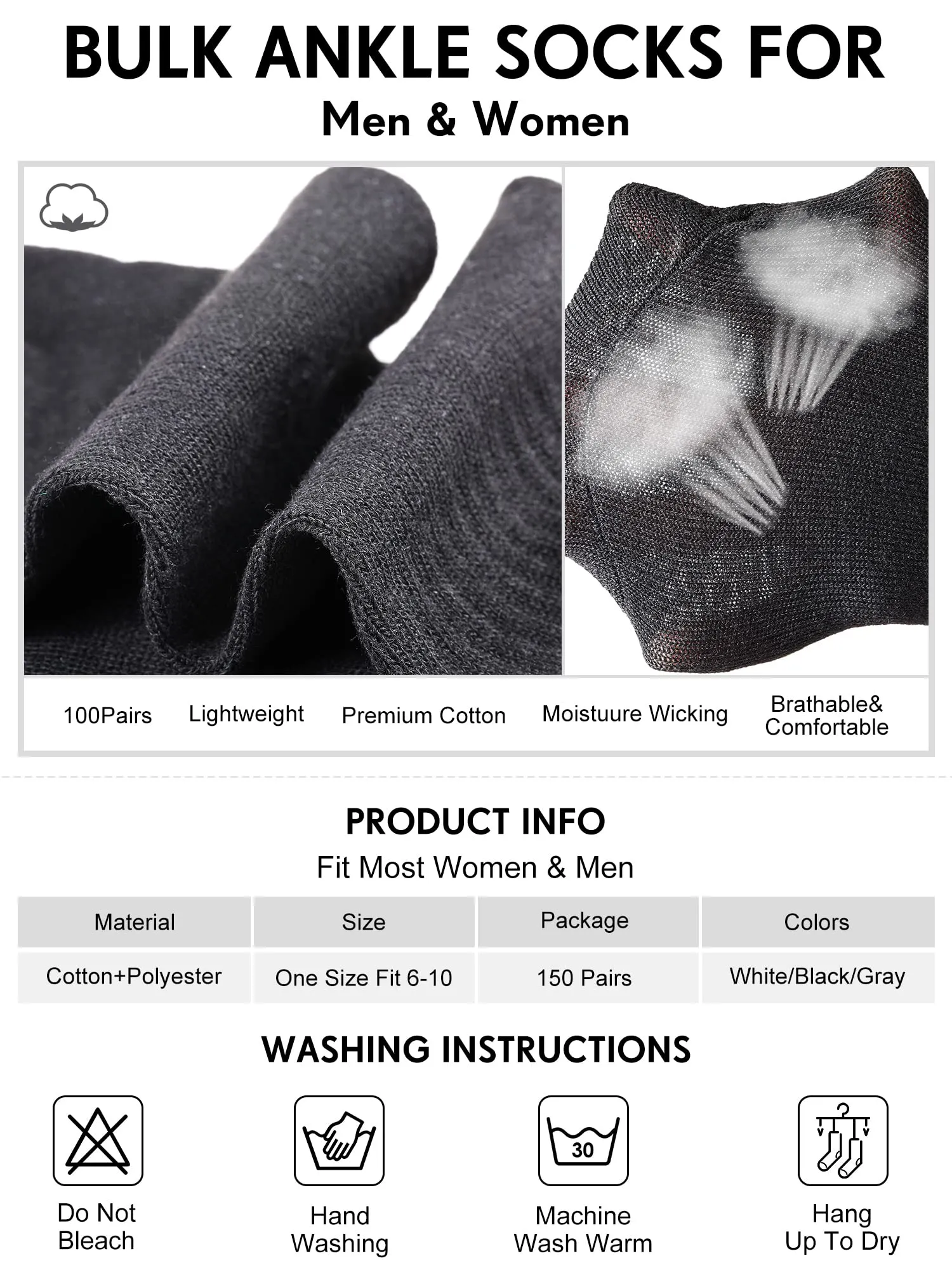 Tarpop 150 Pairs Mens Socks in Bulk Pack Unisex Socks Adult for Homeless Sports Ankle Moisture Wicking for Men Women(Black, White, Gray)