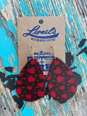 Teardrop Leather  Red Heart Earrings