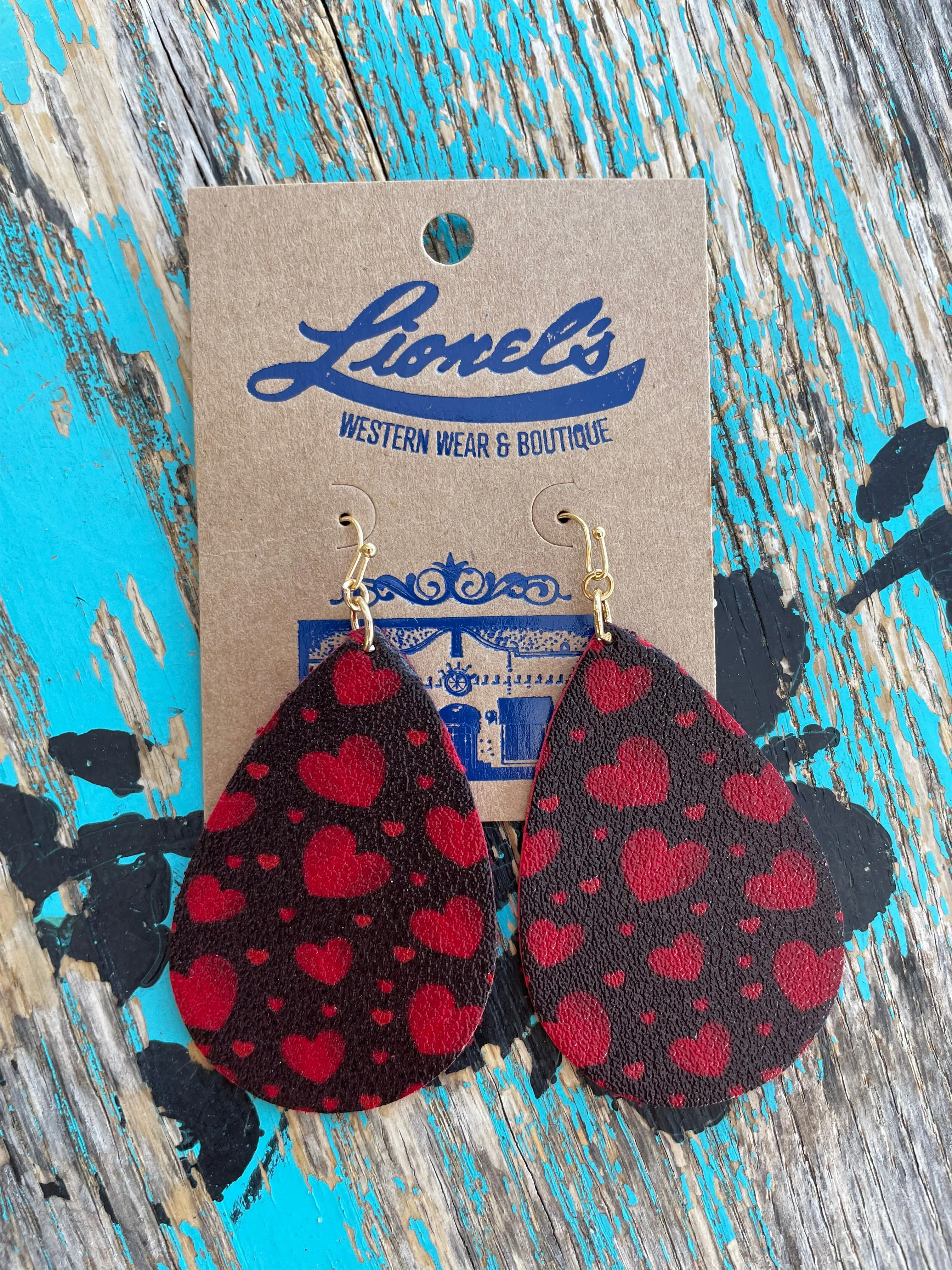 Teardrop Leather  Red Heart Earrings