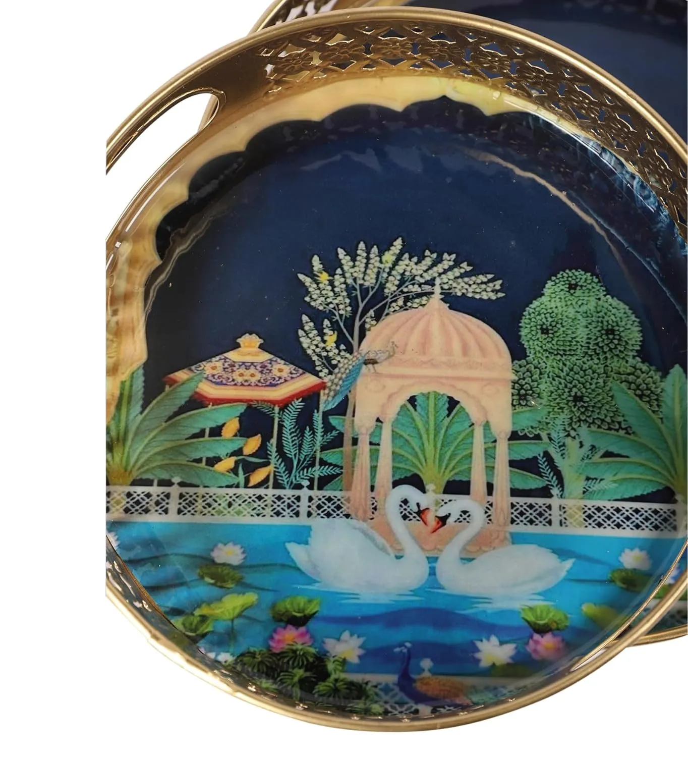Two Moustaches Luxurious Kissing Swan Pair Design Serving Trays Set (8 Inches & 10 Inches), Serving Plates for Home, Platters for Tea/Fruits/Snacks, Pichwai Tray for Diwali, Multicolored, Pack of 2