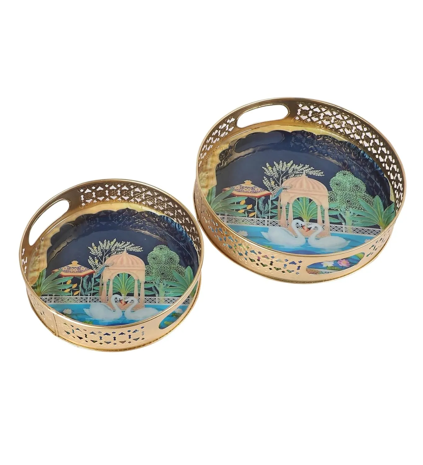 Two Moustaches Luxurious Kissing Swan Pair Design Serving Trays Set (8 Inches & 10 Inches), Serving Plates for Home, Platters for Tea/Fruits/Snacks, Pichwai Tray for Diwali, Multicolored, Pack of 2