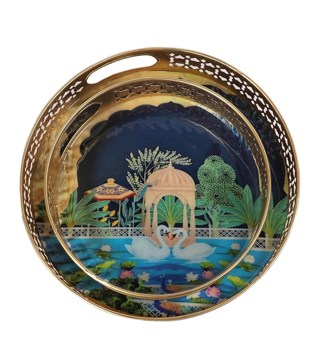 Two Moustaches Luxurious Kissing Swan Pair Design Serving Trays Set (8 Inches & 10 Inches), Serving Plates for Home, Platters for Tea/Fruits/Snacks, Pichwai Tray for Diwali, Multicolored, Pack of 2
