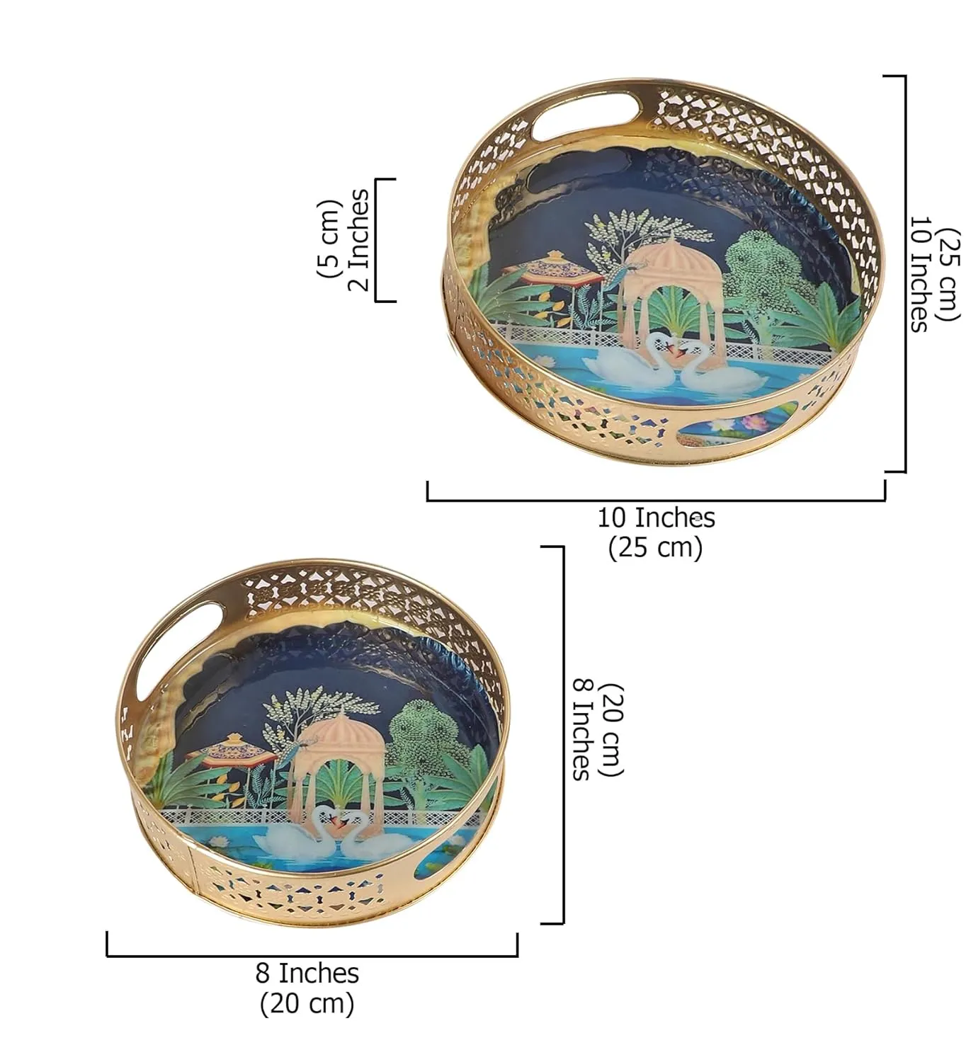 Two Moustaches Luxurious Kissing Swan Pair Design Serving Trays Set (8 Inches & 10 Inches), Serving Plates for Home, Platters for Tea/Fruits/Snacks, Pichwai Tray for Diwali, Multicolored, Pack of 2